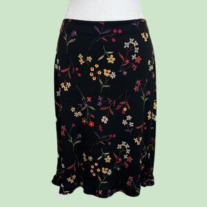 Black floral midi skirt with ruffle hem